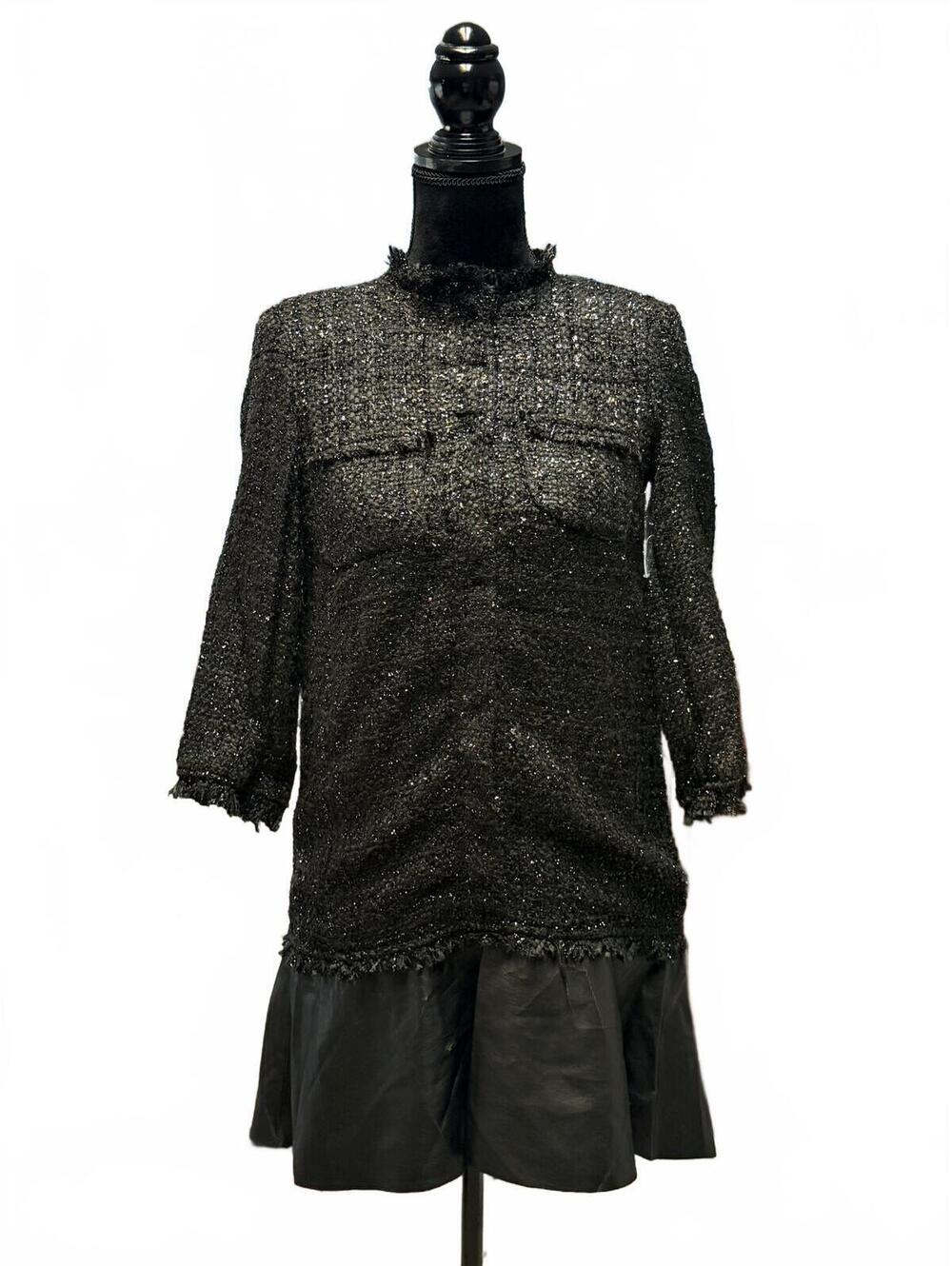 Zara Basic Black Tweed Jacket Mini Dress Textured Frayed Hem Coat Size XS  VTG
